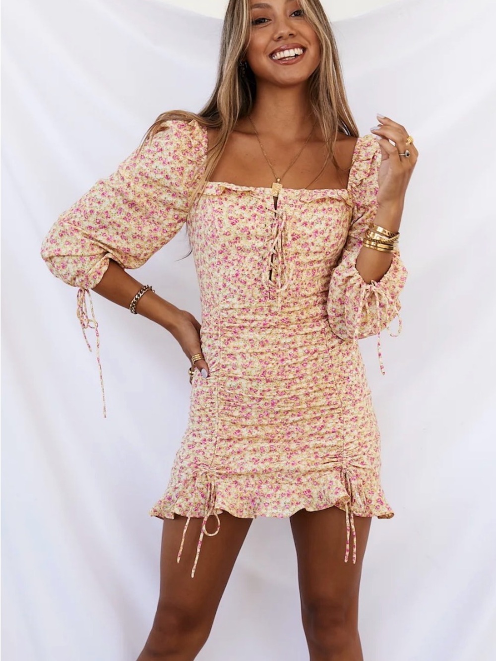 Hello Molly Floral Puff-Sleeve Mini Dress in Yellow and Pink
